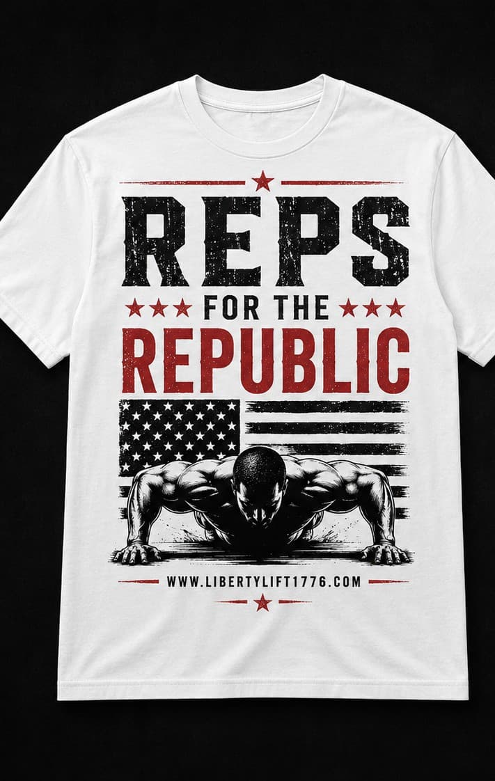 Front of the Reps for the Republic Tee: Reps for the Republic print with flag and push-up artwork